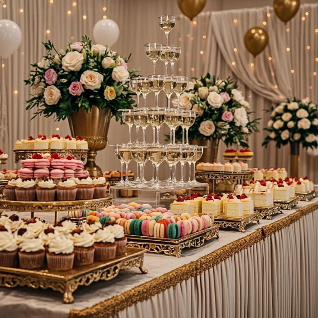 Mesa de postres elegante con decoración dorada para cumpleaños