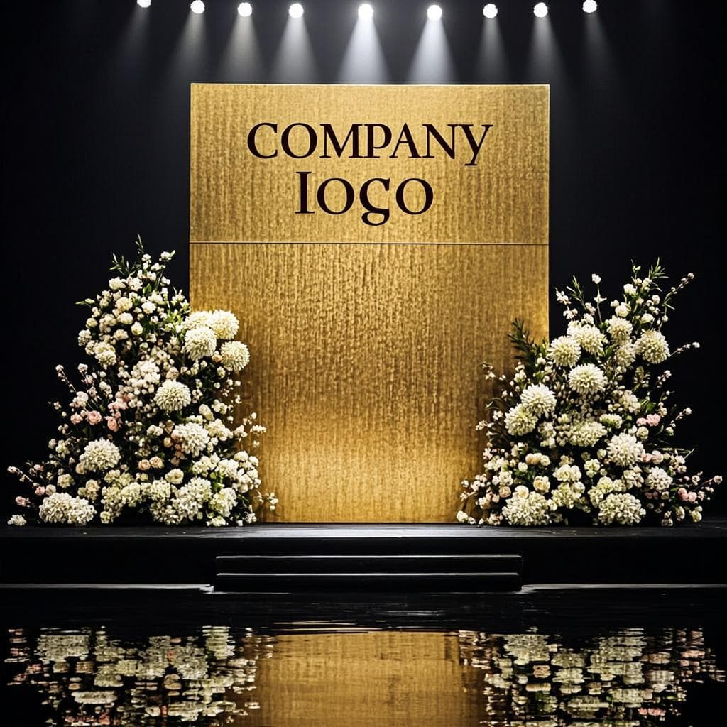 Escenario de premiación corporativa con fondo dorado