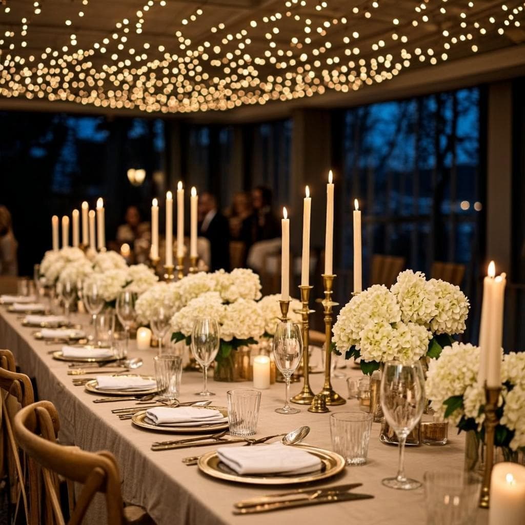 Cena íntima elegante con candelabros y florales blancas