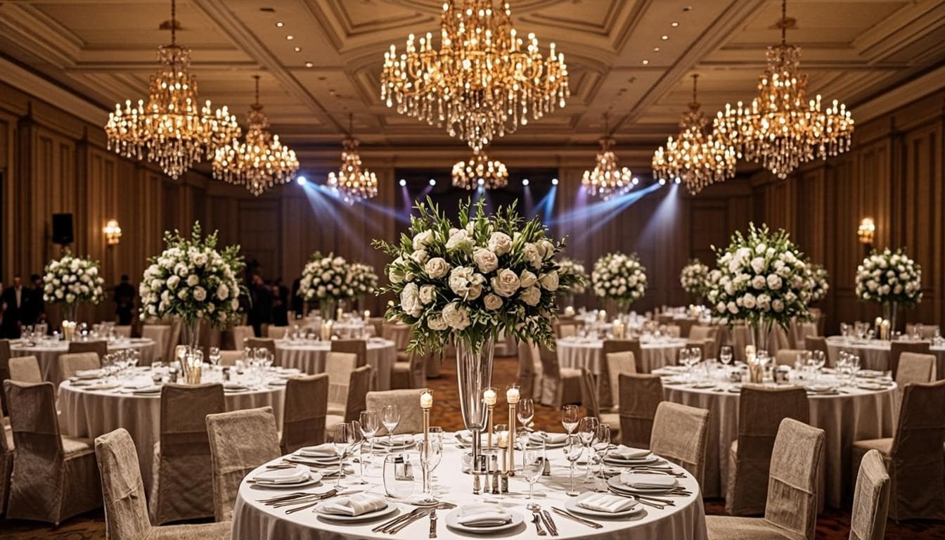 Ambientación elegante de un evento corporativo en salón con iluminación dorada y centros de mesa florales