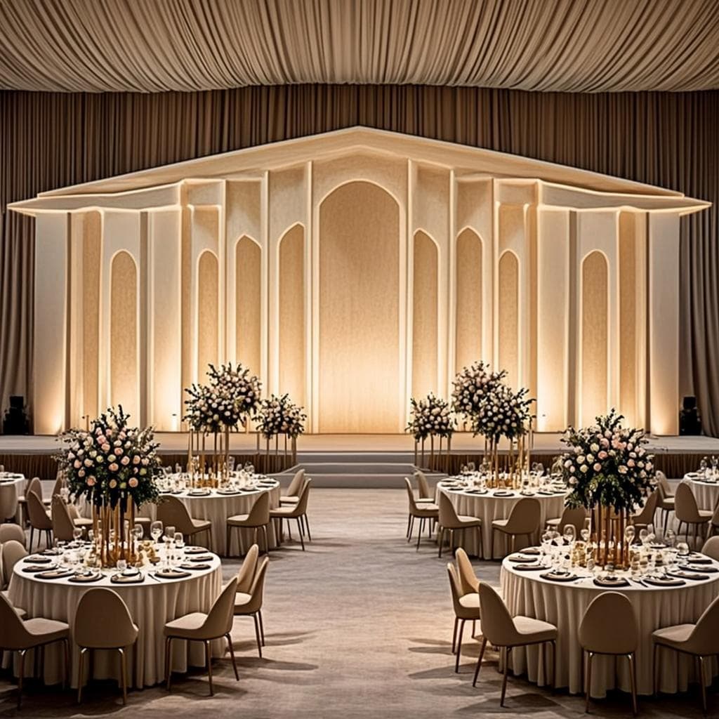 Decoración elegante de un evento corporativo con iluminación dorada