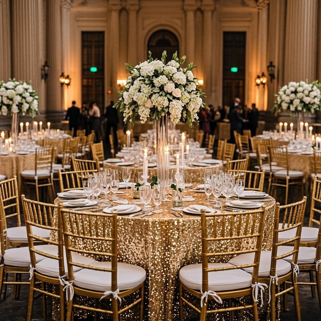 Mobiliario elegante con sillas chiavari y manteles dorados para evento